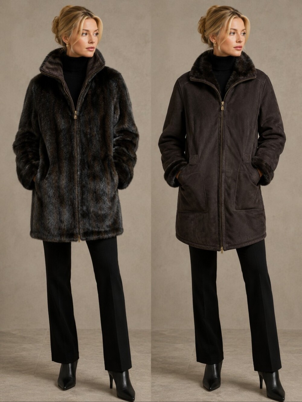 Reversible Chocolate Brown Suede & Plush Faux Mink Coat Luxe Winter Old Money L - Picture 11 of 12